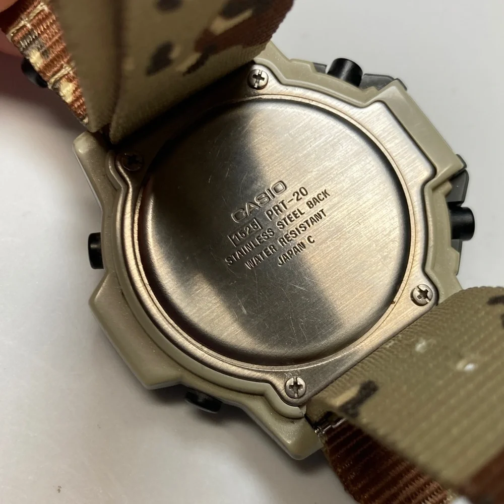Casio PRT-20 Vintage digital watch, new battery, light works, desert camo nato